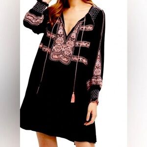 free people wind willow dress Small Black Embroidered Boho Long Sleeve Tassle